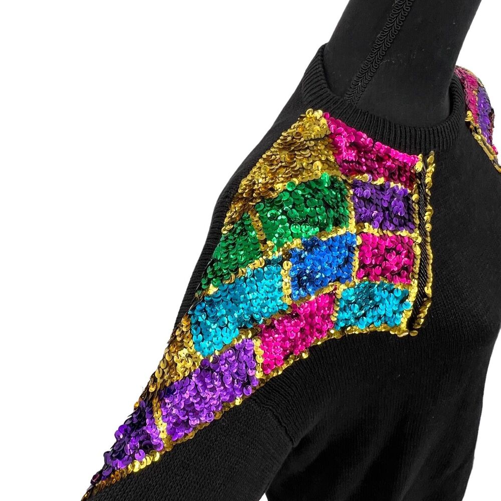 Barbara Scott Women's Sweater Black Knit Crewneck Sequin Shoulders Holiday Lg - Picture 5 of 6